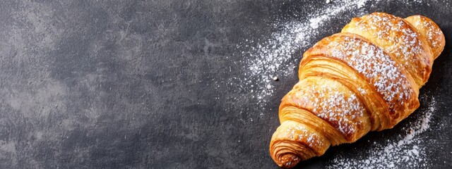  A croissant atop a powdered-sugared table, dusted with more powdered sugar