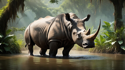 Fototapeta premium Endangered Sumatran Rhinoceros Wading Through Misty Swamp in Lush Indonesian Rainforest Prehistoric Atmosphere Detailed Wildlife Photography Low Angle Shot Golden Hour Light - stock photo
