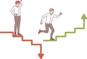 Obraz premium Business competition on investment exchange leads to loss of money or receipt of excess profits from competing men. Guy uses strategy to escape collapsing stock market during crisis.