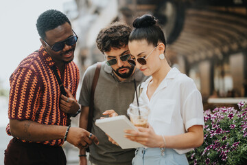 A diverse group of business people discussing work in an outdoor setting, collaborating and brainstorming ideas using a tablet and coffee.
