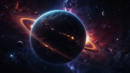 Obraz premium Vibrant digital art, a stunning celestial landscape, depicts a mesmerizing galaxy background with a majestic planet suspended amidst swirling clouds of iridescent gas and dust, illuminated by a radian