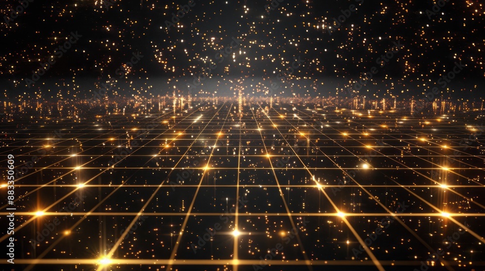 Poster golden perspective grid abstract background with shining floor particles and stars dust, futuristic 