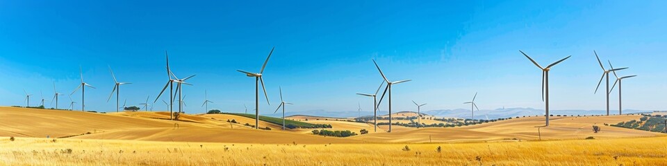 Sweeping Landscape of Wind Turbine Park Development, Demonstrating Soaring Turbines Harnessing Renewable Energy Under a Vibrant Blue Sky