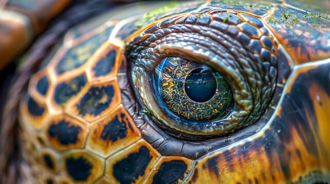Sea turtle showing its colorful eye and beautiful shell pattern