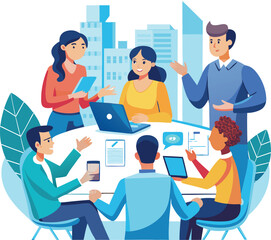 Vector illustration, flat style, businessmen discuss social network, news, vector, social networks, chat, dialogue speech bubbles, new projects,peoples meeting