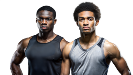 Two men in sports clothes standing side by side.