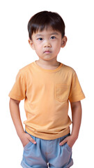Fototapeta premium Young Boy Wearing Orange T Shirt and Blue Shorts
