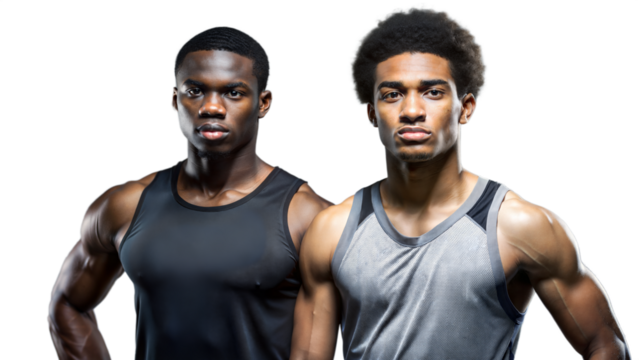 Two men in sports clothes standing side by side.