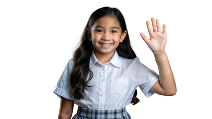 Young Girl In School Uniform Waving And Smiling