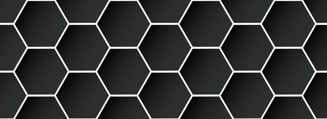 Grey cells pattern background. Black hexagon grid texture with silver lines. Dark grey background.