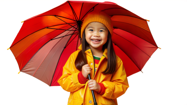 Happy Young Girl Holding Red Umbrella In Yellow Raincoat