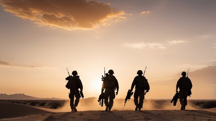 silhouette photo of soldiers walking on the battlefield carrying rifles. Silhouette soldiers on the sunset sky background