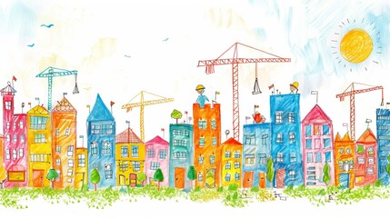 Child's Drawing of a Sunny City Under Construction