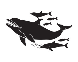 Silhouette of whales open mouth chasing small fishes silhouette