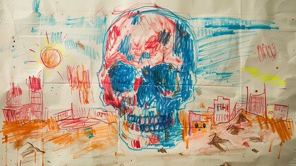 Colorful Skull Drawing With Cityscape