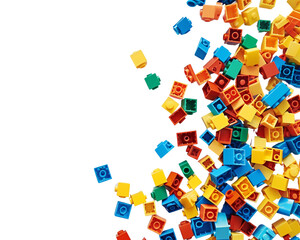 Scattered colorful bricks on white background top view Scattered Toys White Background Concept
