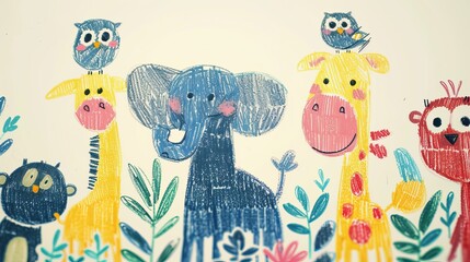 Crayon Drawing of Animals in a Jungle