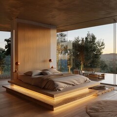 A contemporary master suite with a floating bed frame and panoramic views of the landscape