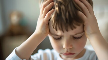 Fototapeta premium A young boy is holding his head in his hands, looking sad