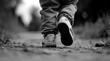 A person is walking on a path with their feet in the air