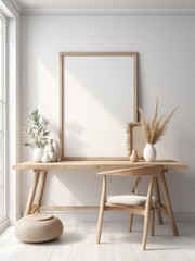 Interior poster mockup with vertical black frame in home interior background. Mockup Poster Frame in cozy room