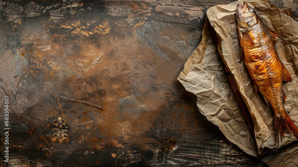 Poster serving of smoked or salted fish on rustic background with copy space