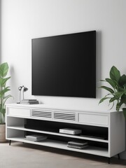 Mockup of a Black TV Frame in a Modern Family Lounge, 3D Render with a Blank White Screen. Modern Cozy Interior Design With Sofa