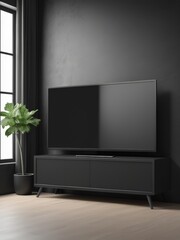 Mockup of a Black TV Frame in a Modern Family Lounge, 3D Render with a Blank White Screen. Modern Cozy Interior Design With Sofa