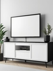 Mockup of a Black TV Frame in a Modern Family Lounge, 3D Render with a Blank White Screen. Modern Cozy Interior Design With Sofa