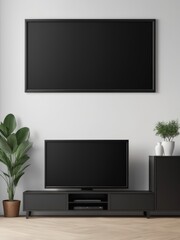 Mockup of a Black TV Frame in a Modern Family Lounge, 3D Render with a Blank White Screen. Modern Cozy Interior Design With Sofa