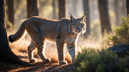 Obraz premium Iberian Lynx Stalking Through Mediterranean Cork Oak Forest Golden Hour Light Dappled Shadows Spotted Coat Tufted Ears Stealth Wildlife Photography - stock photo