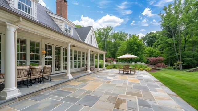The spacious, flagstone patio of a Suburban Colonial home, ideal for hosting summer barbecues and family gatherings