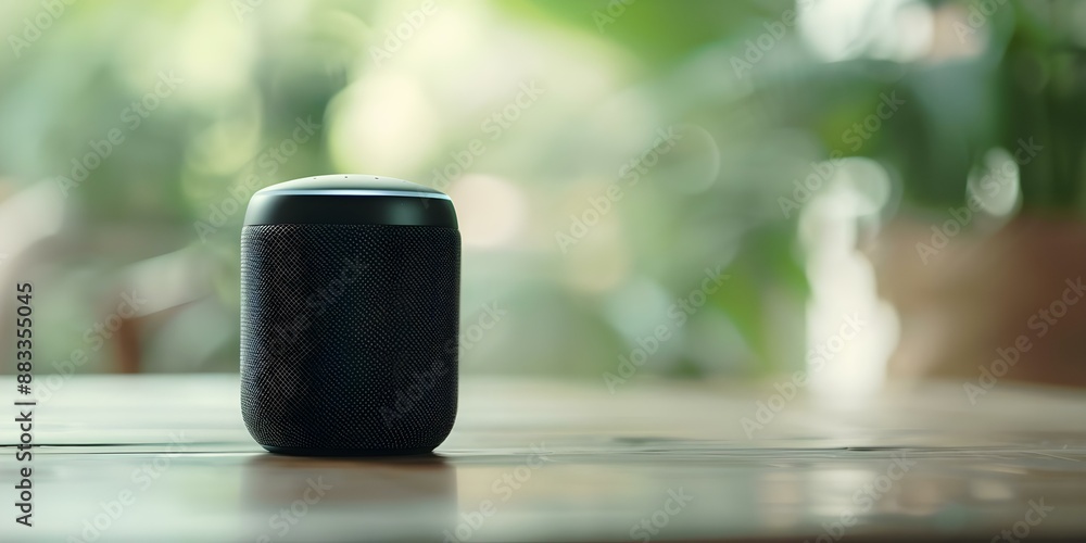Poster closeup of a smart voice assistant device with parenting chatbot feature. concept technology, parent