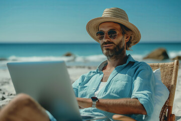Fototapeta premium Man Relaxing on Beach with Laptop and Hat, Remote Work, Vacation