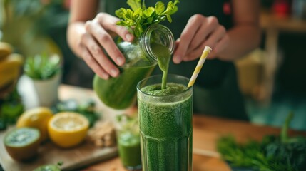 A person is pouring a green smoothie from a glass bottle into a tall glass with a straw, surrounded by fresh ingredients like lemons and greens.