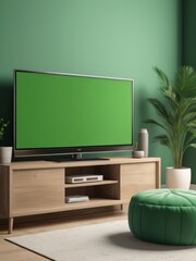 Fototapeta premium Mockup of a Black TV Frame in a Modern Family Lounge, 3D Render with a Blank White Screen. Modern Cozy Interior Design With Sofa