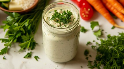 Mason jar filled with homemade ranch dressing, surrounded by fresh herbs and vegetables