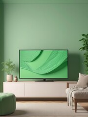 Mockup of a Black TV Frame in a Modern Family Lounge, 3D Render with a Blank White Screen. Modern Cozy Interior Design With Sofa