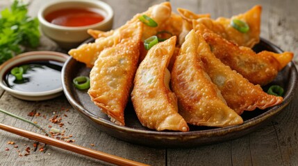 Plate of golden-brown fried potstickers, served with dipping sauce and chopsticks