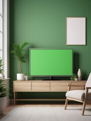 Mockup of a Black TV Frame in a Modern Family Lounge, 3D Render with a Blank White Screen. Modern Cozy Interior Design With Sofa