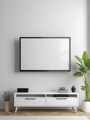 Mockup of a Black TV Frame in a Modern Family Lounge, 3D Render with a Blank White Screen. Modern Cozy Interior Design With Sofa