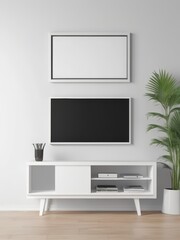 Mockup of a Black TV Frame in a Modern Family Lounge, 3D Render with a Blank White Screen. Modern Cozy Interior Design With Sofa