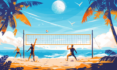 A flat vector of a beach volleyball game.