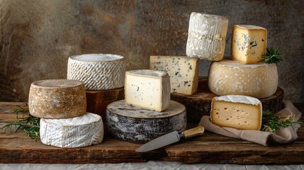 A display of various cheese wheels on a rustic wooden table with a cheese knife - Powered by Adobe