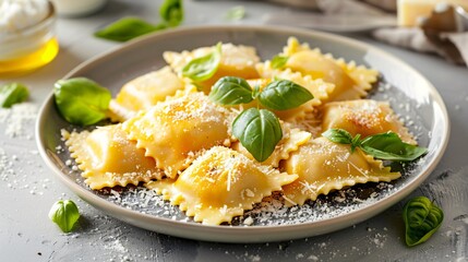 A plate of cheese-stuffed ravioli with a sprinkle of parmesan and fresh basil leaves