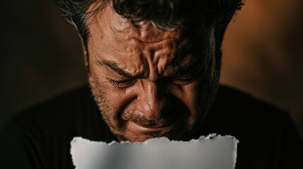 Fototapeta premium A man in a yellow shirt is crying and has his hands on his head