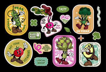 Funny cartoon vegetables characters sticker set in retro 30s style. Collection of healthy vegan food, organic, tasty, local shop labels, tags. 