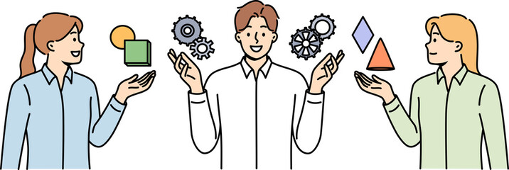 Team of people are discussing business management and consulting with specialist, standing near gears. Successful male manager explains to girls rules of management in industrial sector