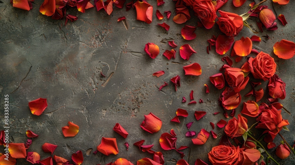 Poster arrangement of flowers with rose petals on a flat surface viewed from above with space for text in a