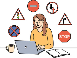 Woman studies traffic rules via laptop, preparing to take theoretical exam to obtain driver license. Girl student sits among road signs, studying traffic rules laws for car drivers